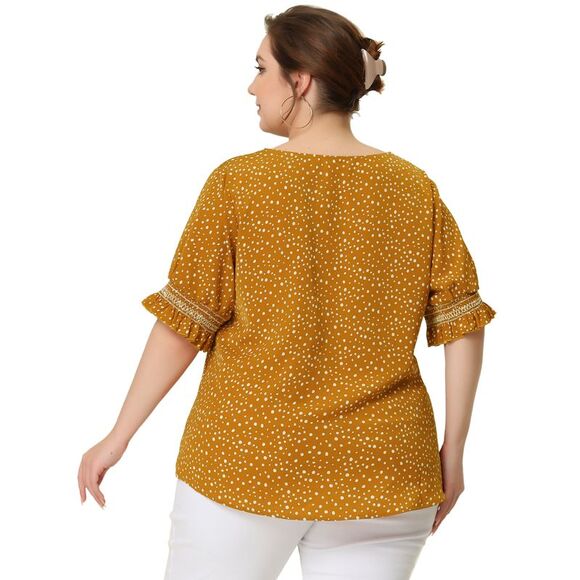 Plus Size Top for Women Pin Dots Boho Smocked Short Sleeves Blouses Yellow - Picture 4 of 5